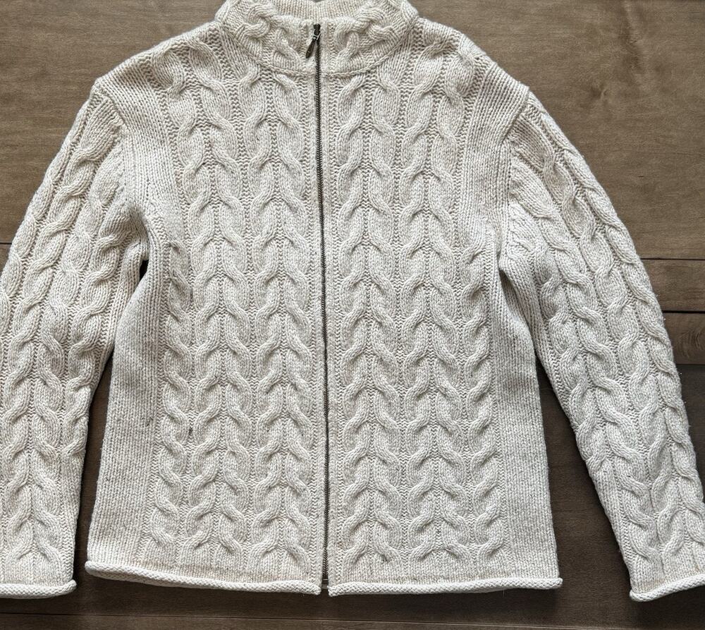 Irelands Eye Cardigan Sweater Womens M Ivory Cable Knit Fisherman Wool Full Zip
